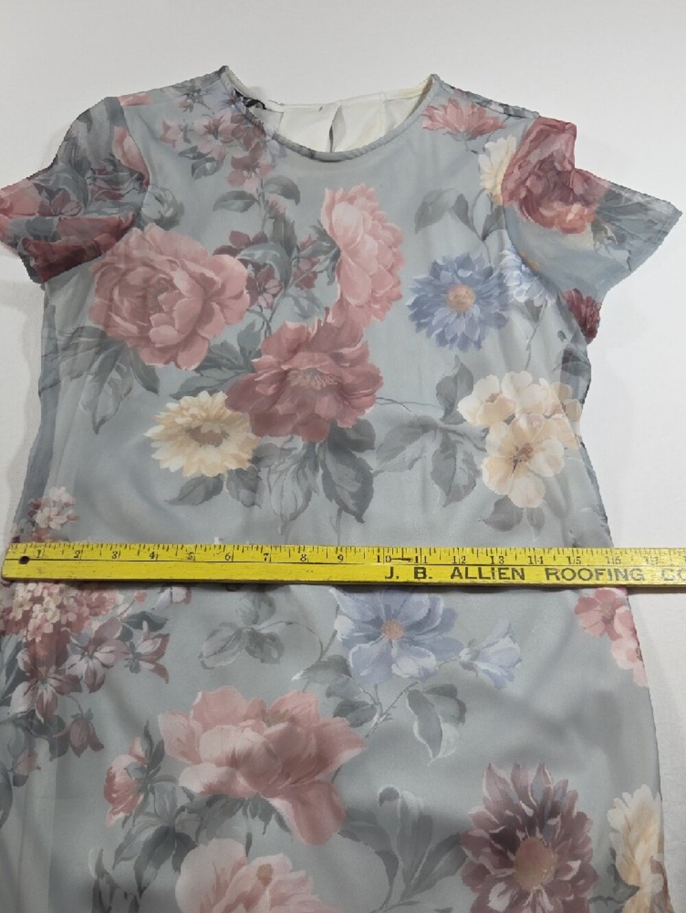 Vintage Floral Maxi Dress Dusty Blue Pink Blooms Sheer Overlay Stretch Bridal - Picture 7 of 9